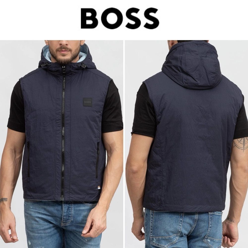 BOSS Camilo Gilet Reversible Waterproof Hooded Puffer Vest Golf Logo Size 36 R S